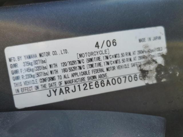 2006 YAMAHA YZFR6 L JYARJ12E66A007066