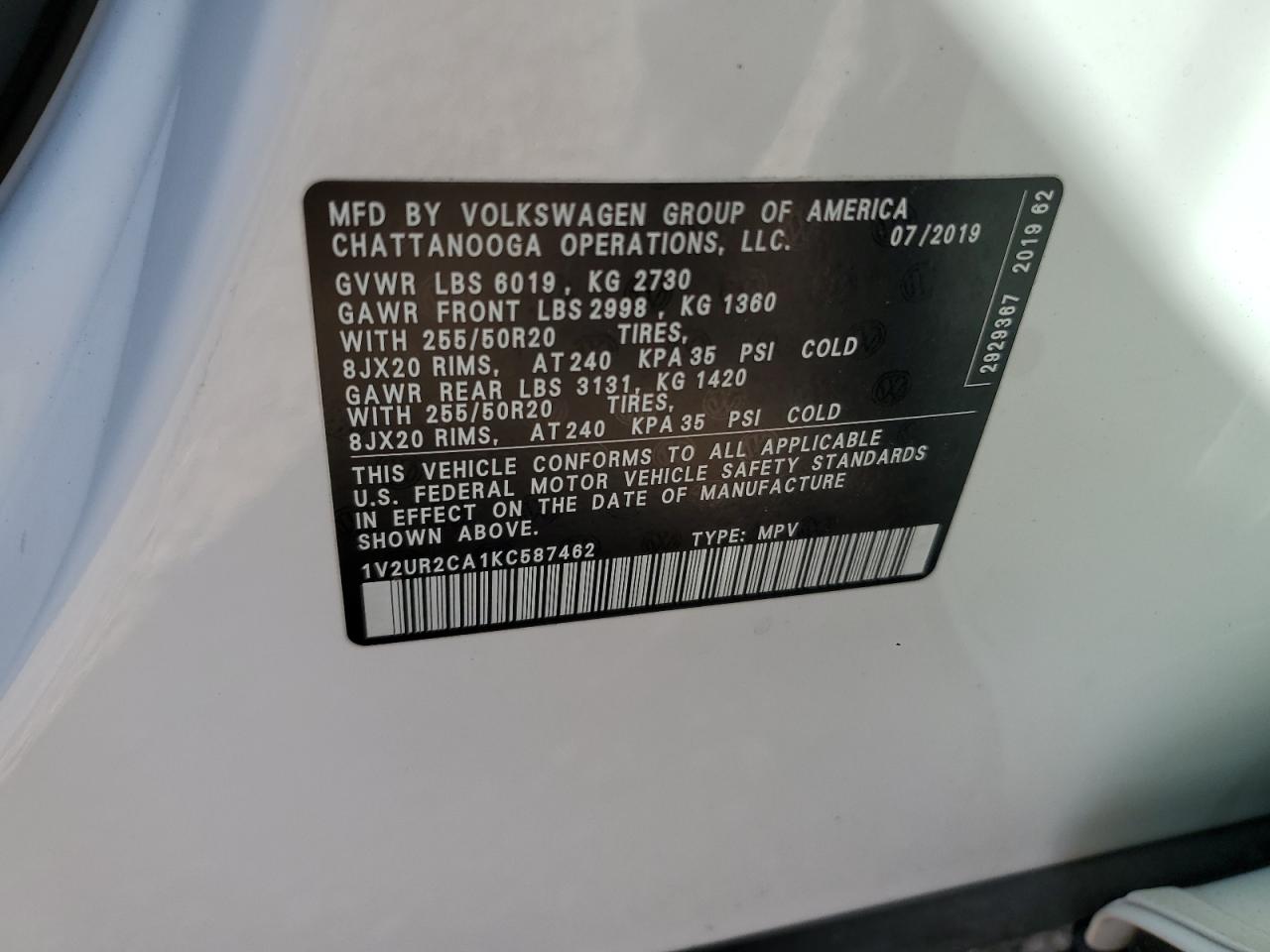 Lot #2905313469 2019 VOLKSWAGEN ATLAS SE