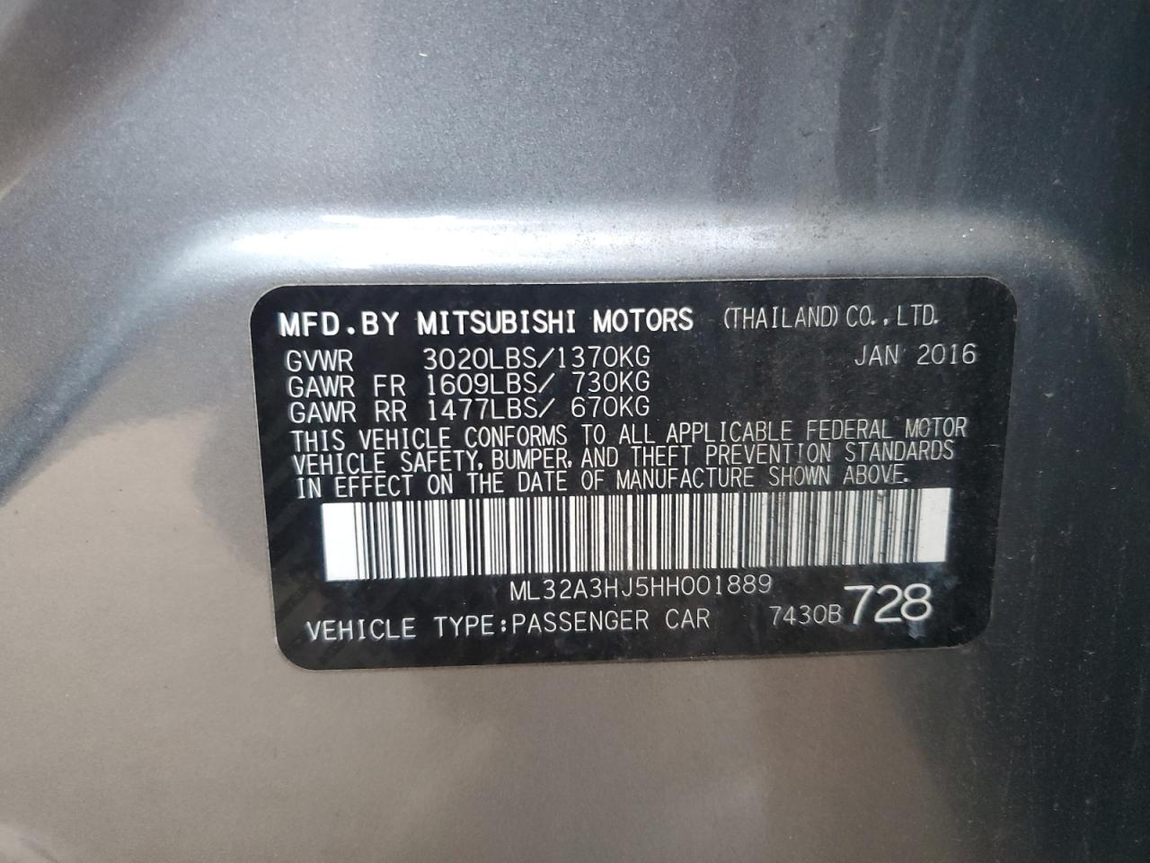 Lot #2962498737 2017 MITSUBISHI MIRAGE ES