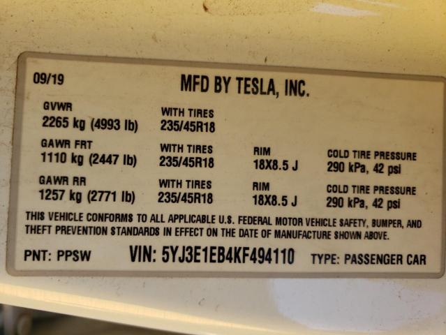 VIN 5YJ3E1EB4KF494110 2019 TESLA MODEL 3 no.12