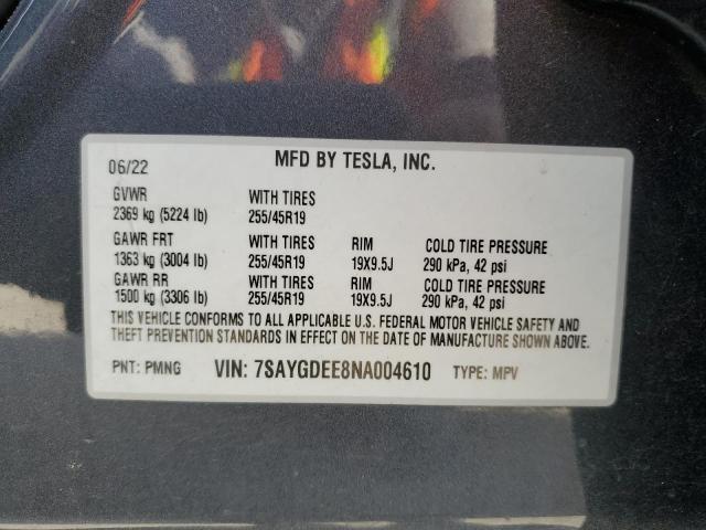 VIN 7SAYGDEE8NA004610 2022 TESLA MODEL Y no.12