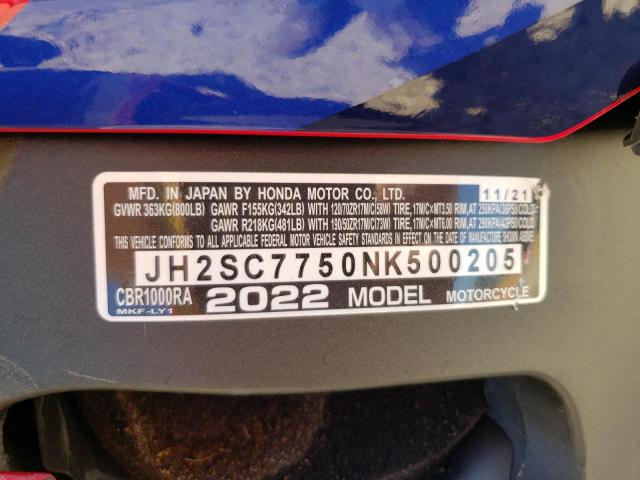 2022 HONDA CBR1000 RA JH2SC7750NK500205
