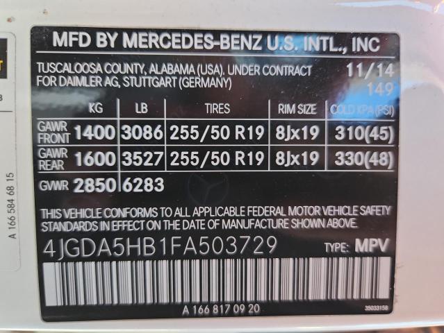2015 MERCEDES-BENZ ML 350 4MA 4JGDA5HB1FA503729