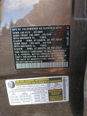 2011 VOLKSWAGEN TOUAREG V6 - WVGFF9BP6BD006318