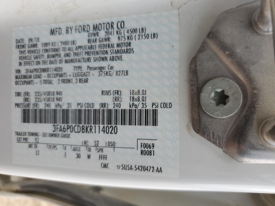 2019 FORD FUSION SEL - 3FA6P0CD8KR114020