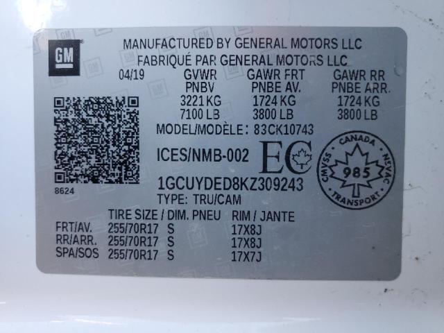 2019 CHEVROLET SILVERADO 1GCUYDED8KZ309243