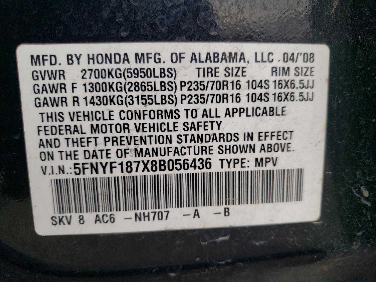 Lot #3281473007 2008 HONDA PILOT EXL