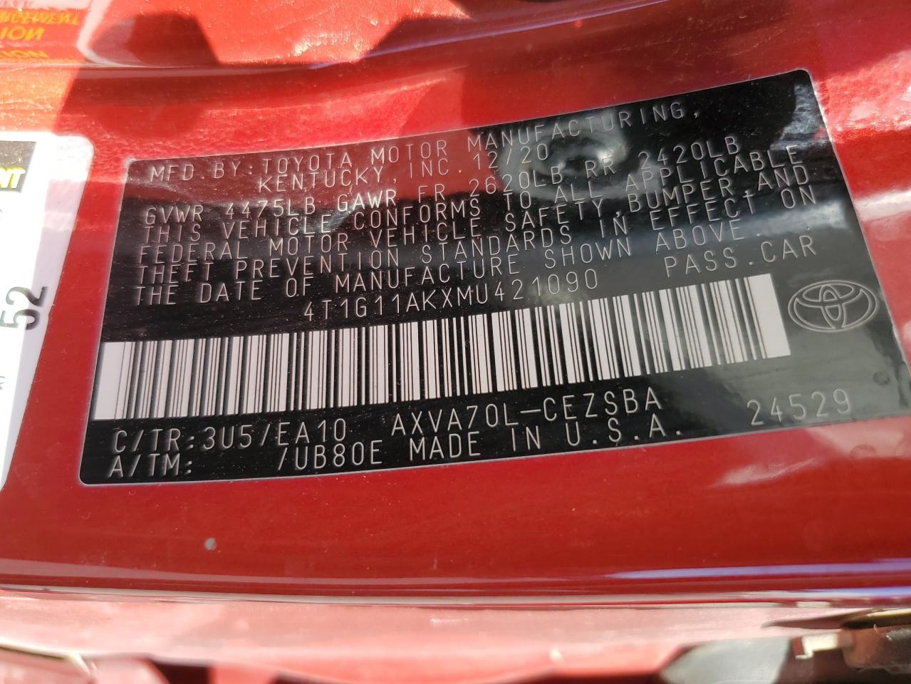 Lot #3309400974 2021 TOYOTA CAMRY SE