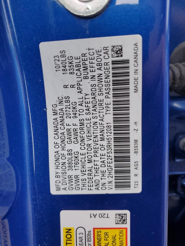 Lot #3316715557 2024 HONDA CIVIC SPOR