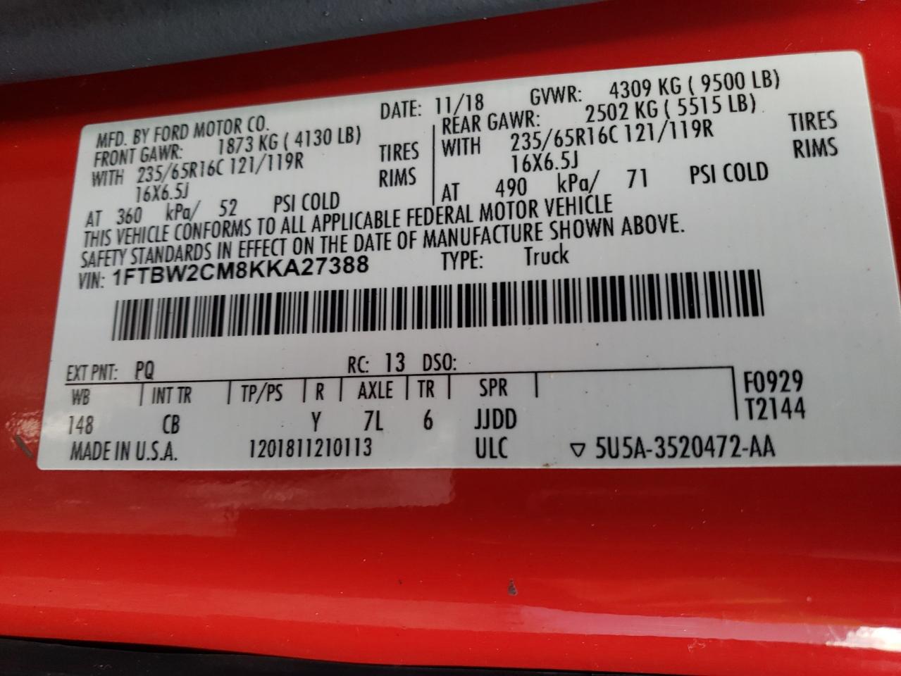 Lot #3304515444 2019 FORD TRANSIT VAN T-350 ME