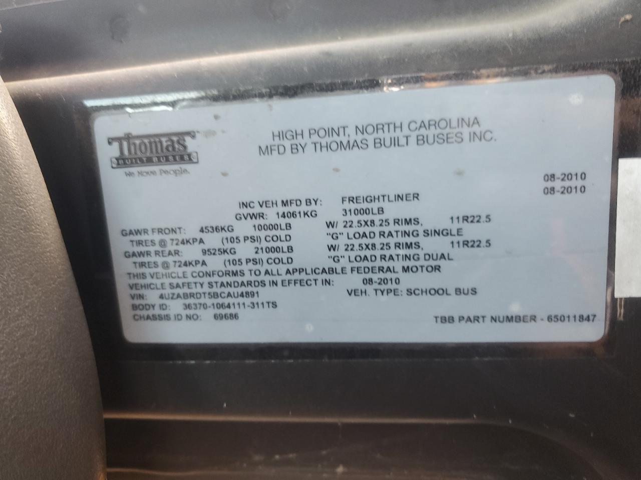 Lot #3273801360 2011 THOMAS SAF-T-LINER C2