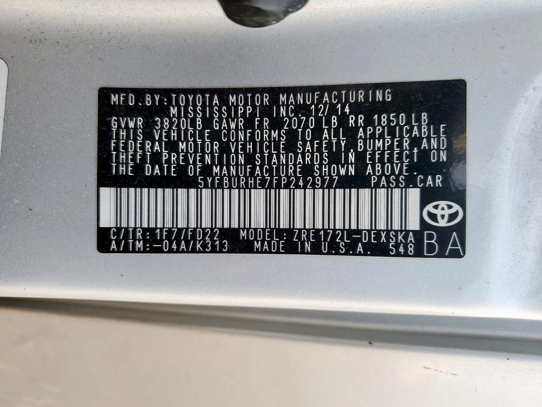 2015 TOYOTA COROLLA L - 5YFBURHE7FP242977