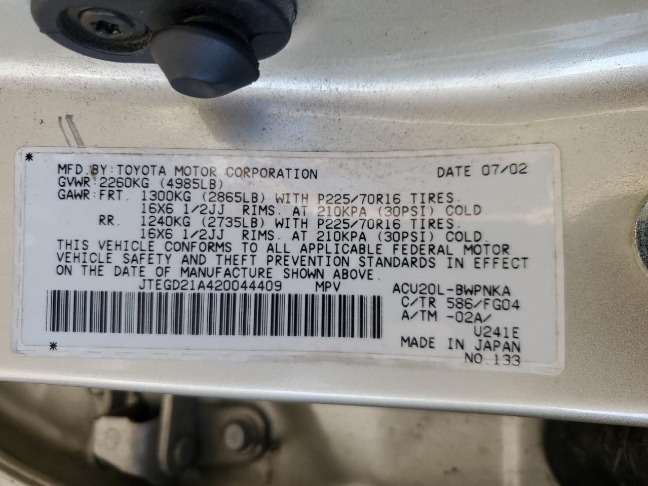 Lot #3284138538 2002 TOYOTA HIGHLANDER