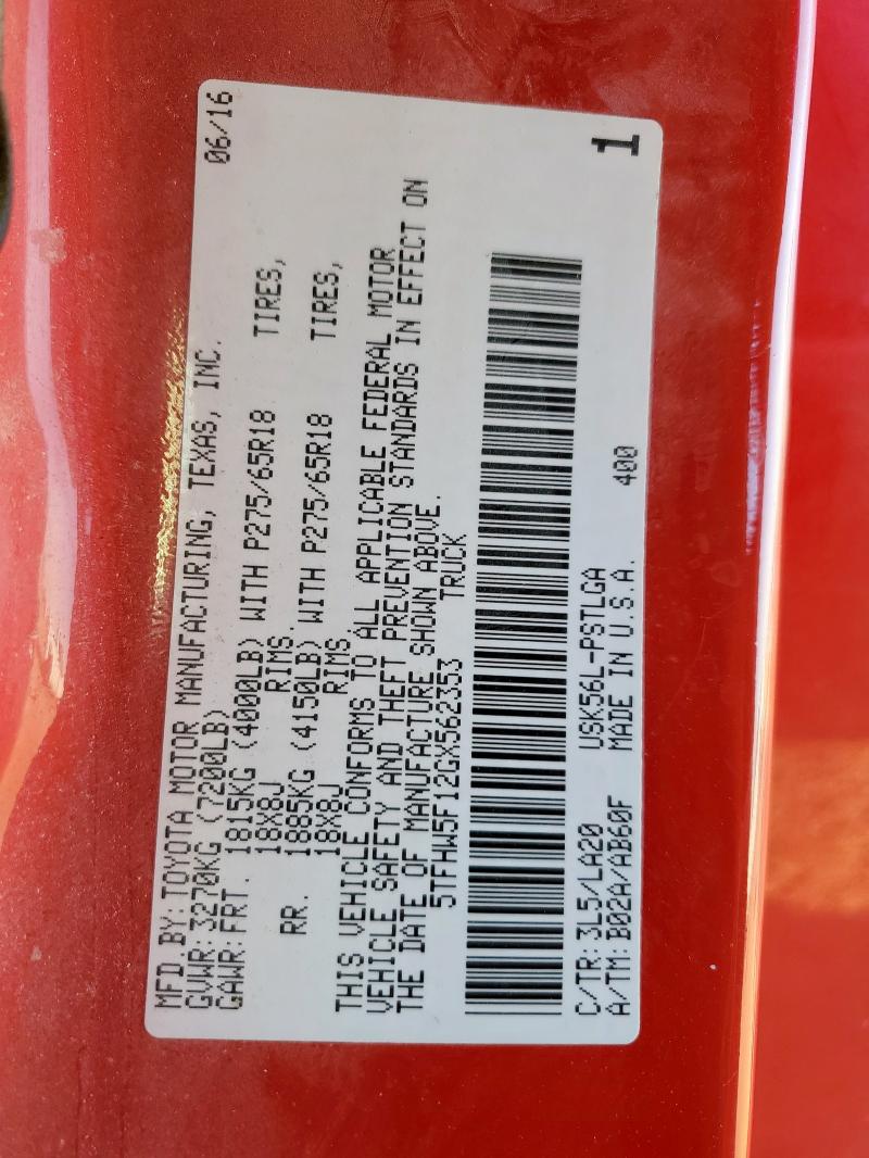 2016 TOYOTA TUNDRA CRE - 5TFHW5F12GX562353