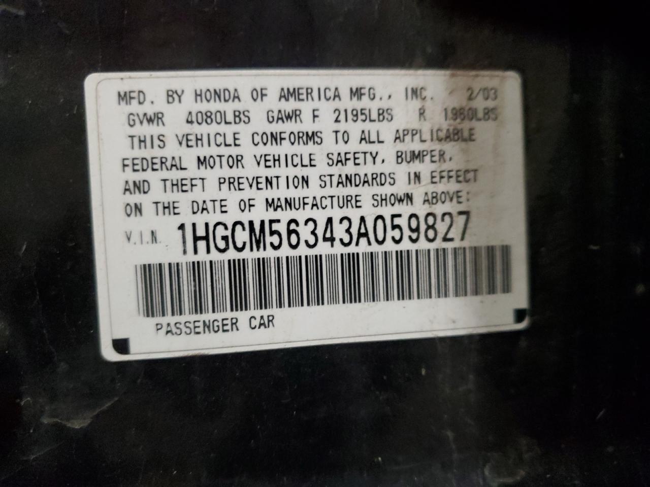 Lot #3290047262 2003 HONDA ACCORD LX