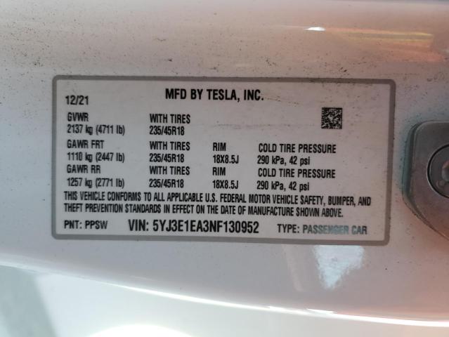 2022 TESLA MODEL 3 5YJ3E1EA3NF130952