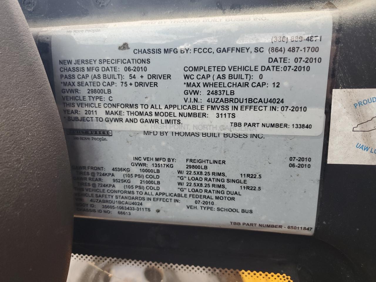 Lot #3273768365 2011 FREIGHTLINER SAF-T-LINER C2