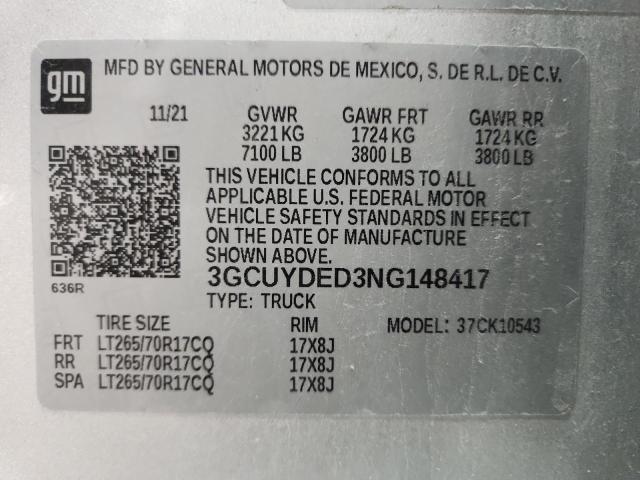 2022 CHEVROLET SILVERADO LTD K1500 LT 3GCUYDED3NG148417