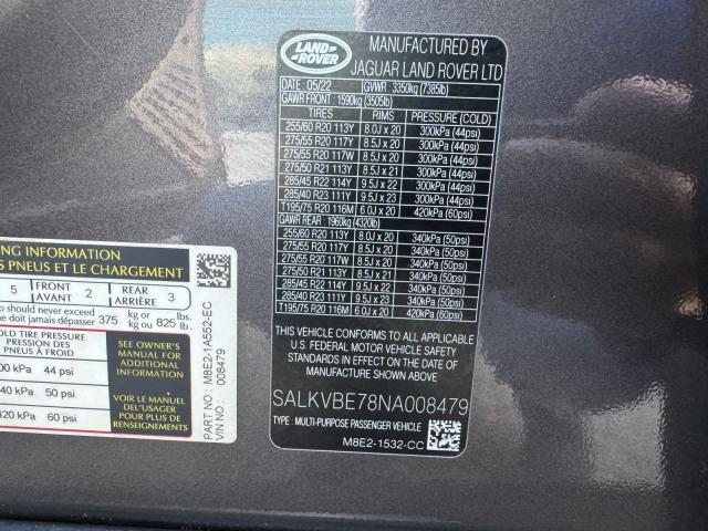 2022 LAND ROVER RANGE ROVE - SALKVBE78NA008479