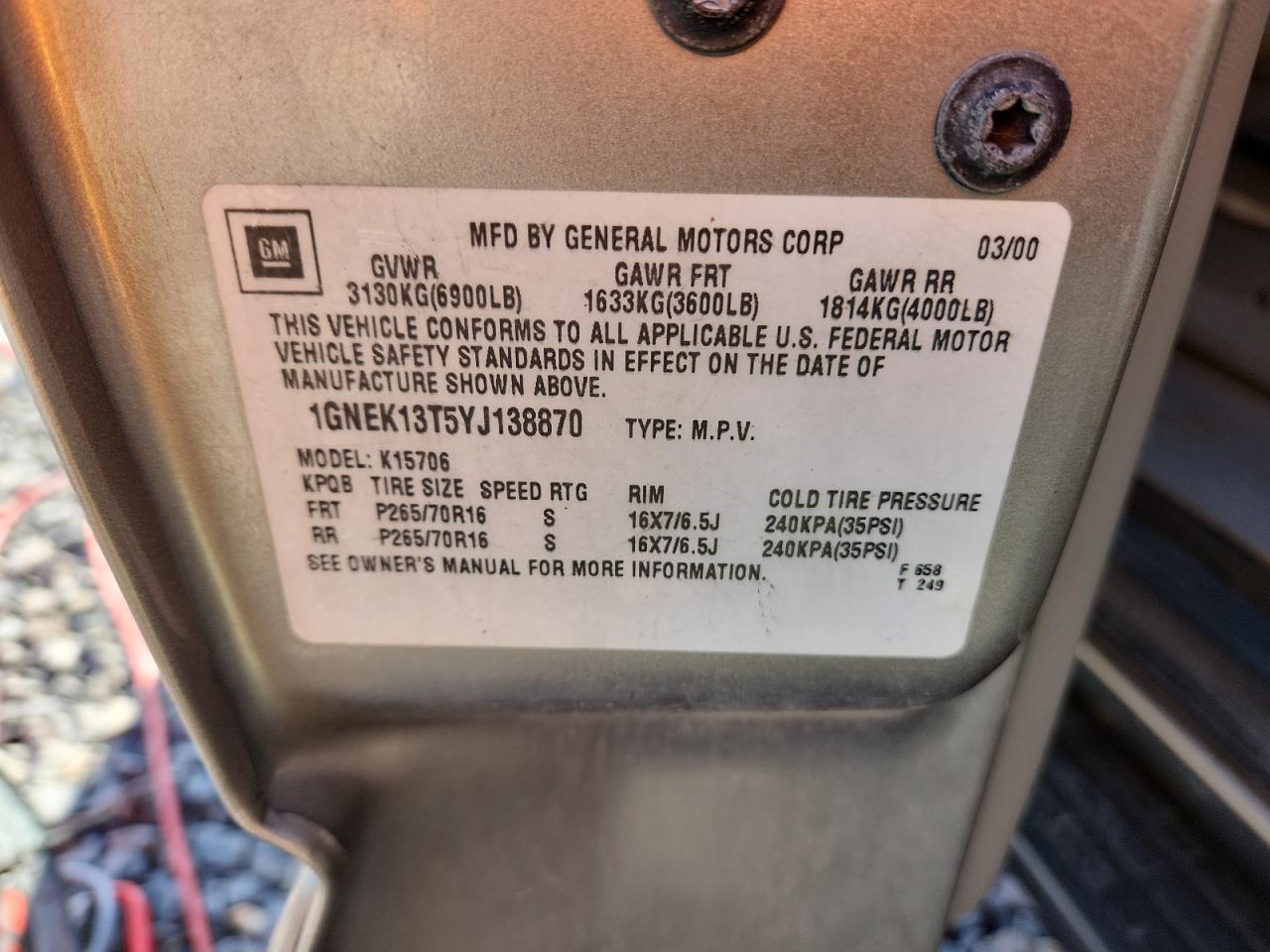 Lot #3287786109 2000 CHEVROLET TAHOE K150