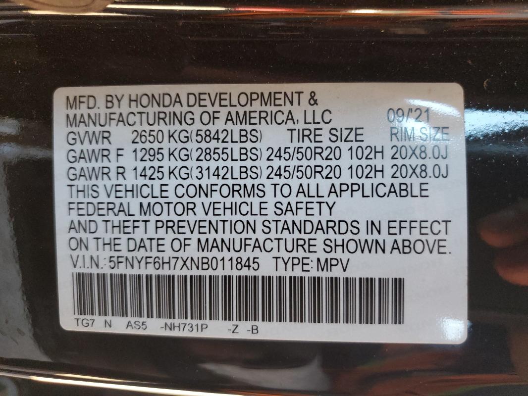 2022 HONDA PILOT BLAC 5FNYF6H7XNB011845