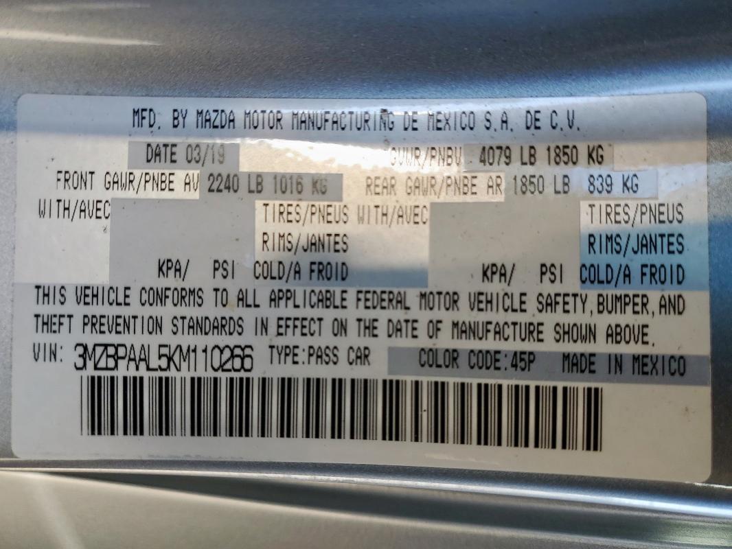 2019 MAZDA 3 SELECT 3MZBPAAL5KM110266