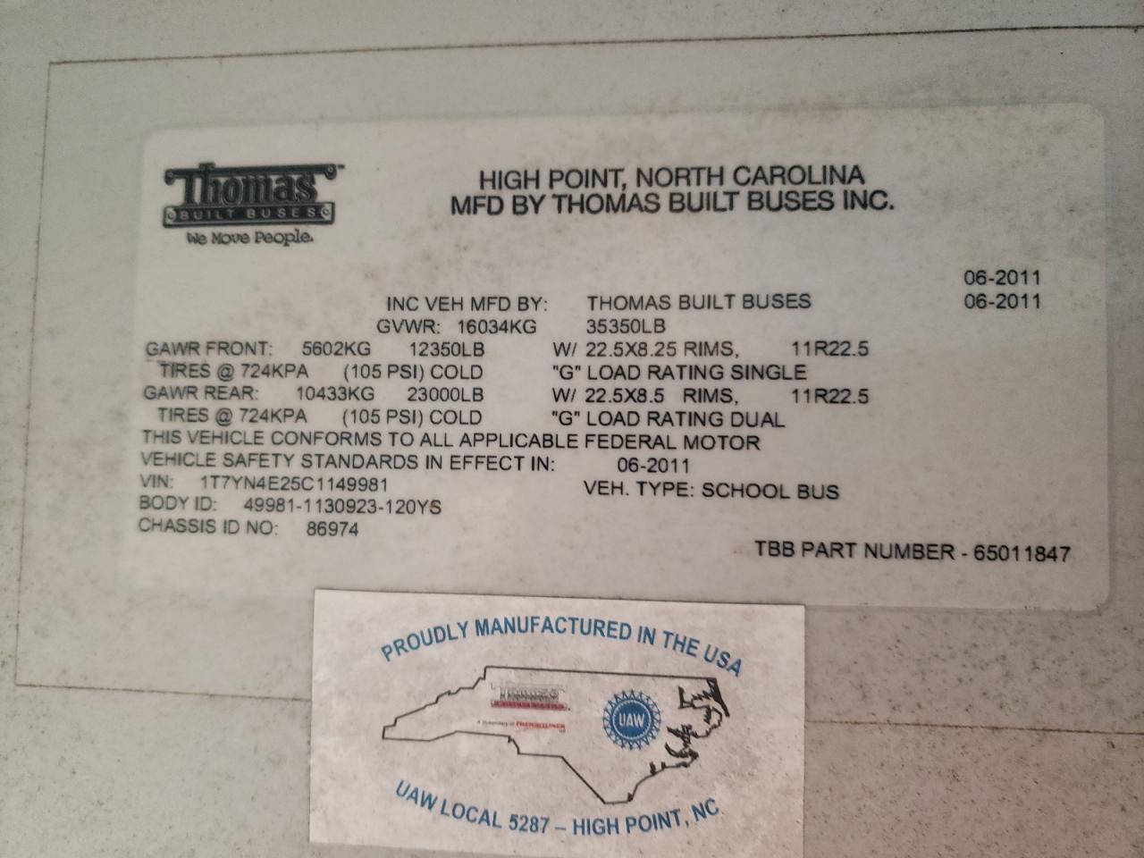 Lot #3278639961 2012 THOMAS SAF-T-LINER HDX