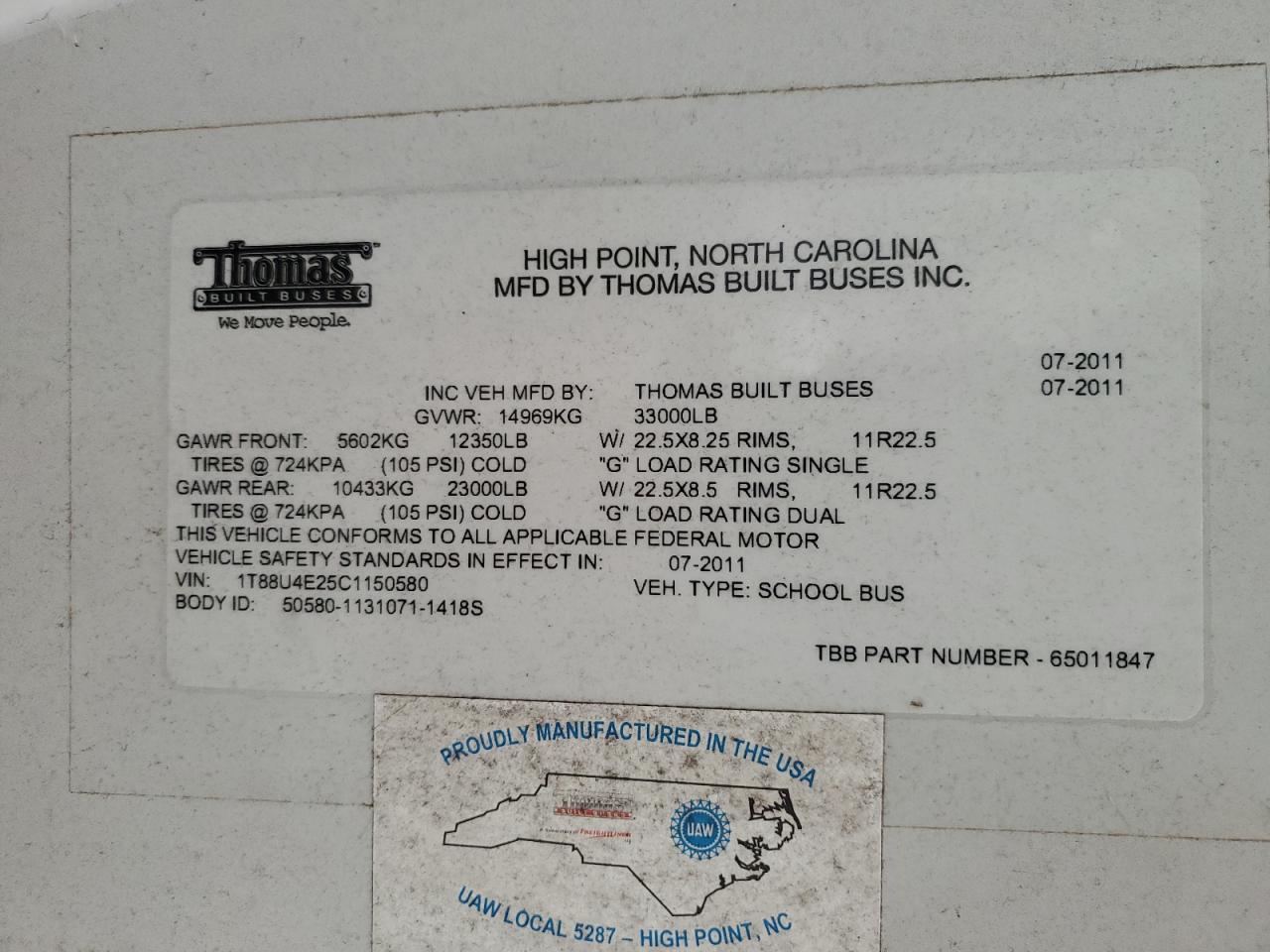 Lot #3282411270 2012 THOMAS SCHOOL BUS