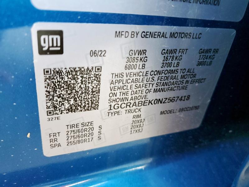 2022 CHEVROLET SILVERADO - 1GCRABEK0NZ567418