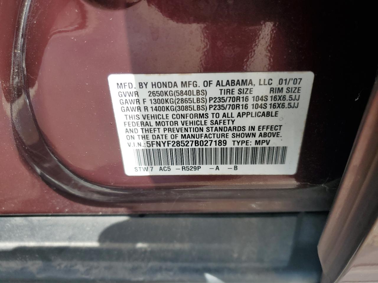 Lot #3277166927 2007 HONDA PILOT EXL