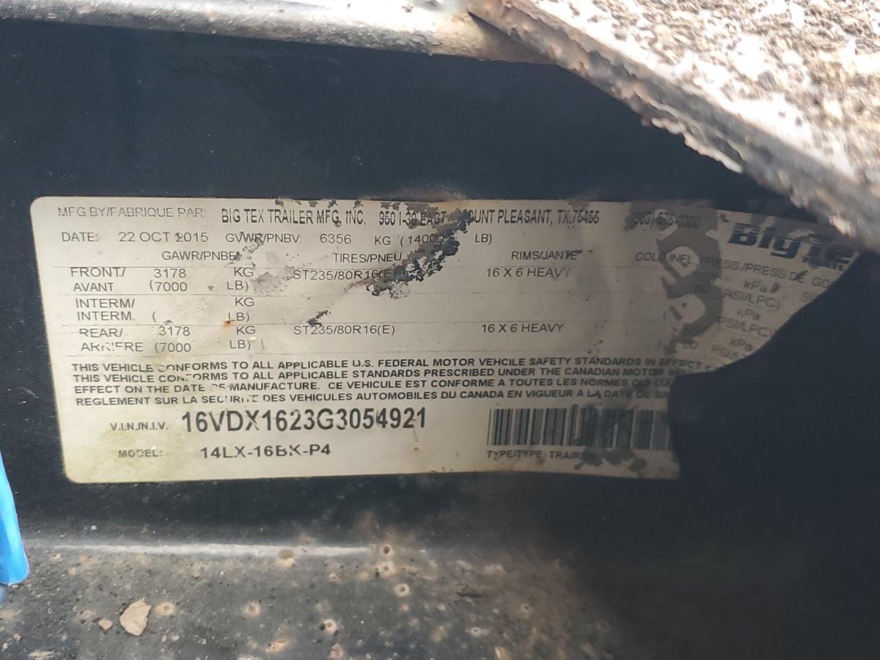 Lot #3284214544 2016 BIG TEX TRAILER