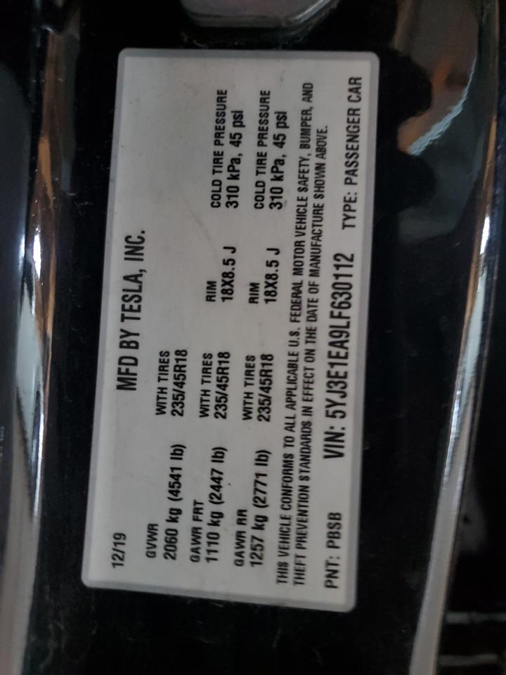 Lot #3310663735 2020 TESLA MODEL 3