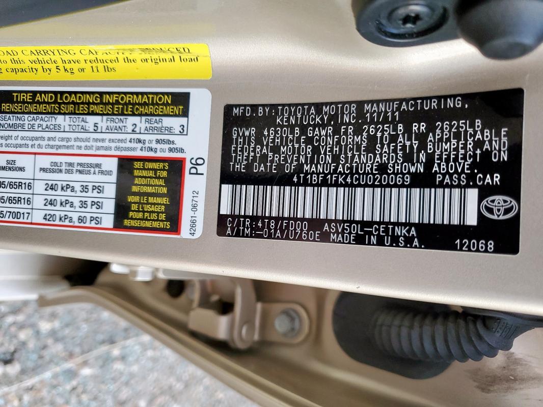 2012 TOYOTA CAMRY BASE - 4T1BF1FK4CU020069