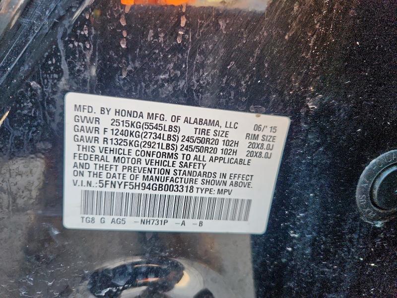 2016 HONDA PILOT TOUR 5FNYF5H94GB003318