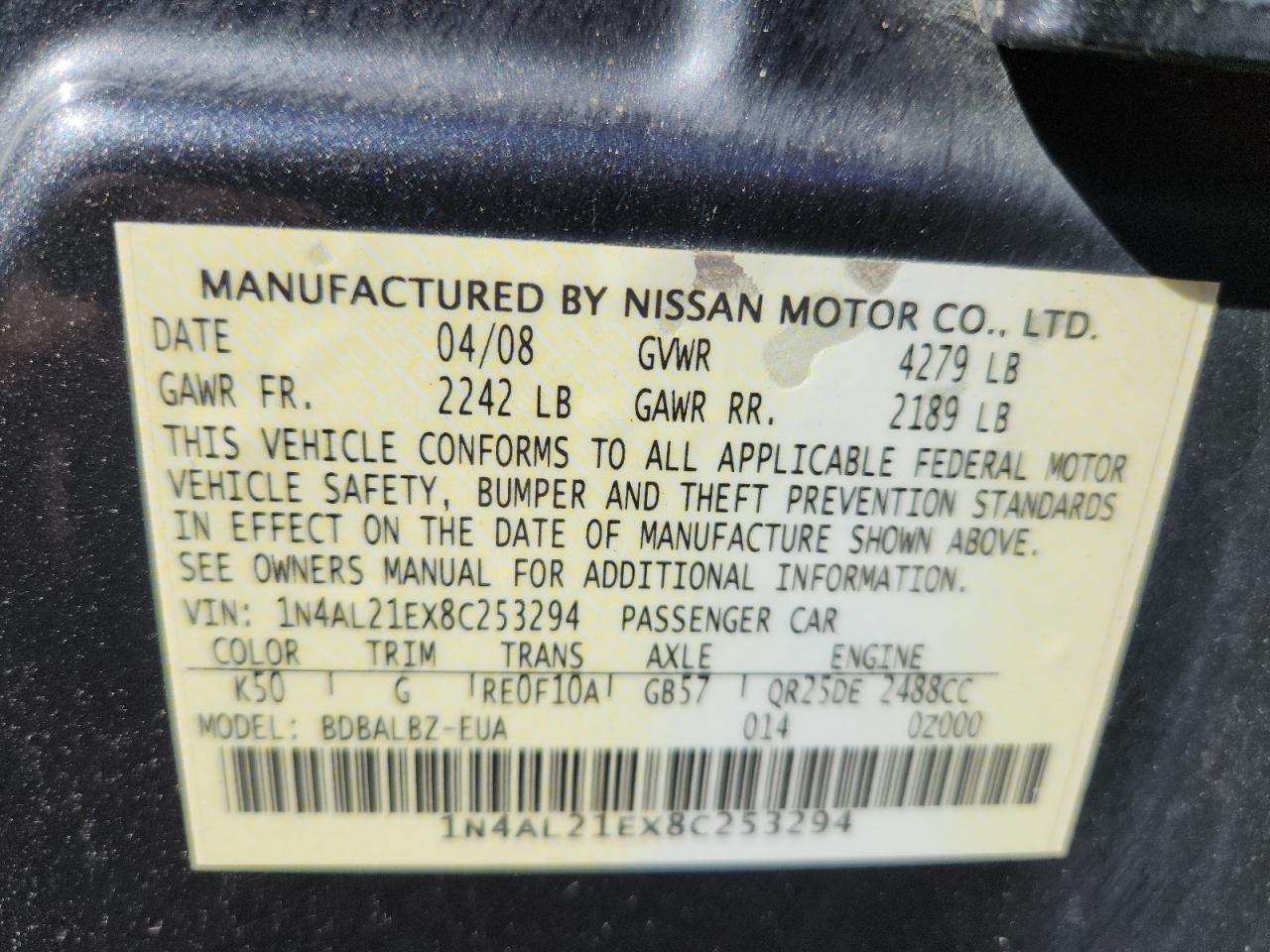 Lot #3269254159 2008 NISSAN ALTIMA 2.5