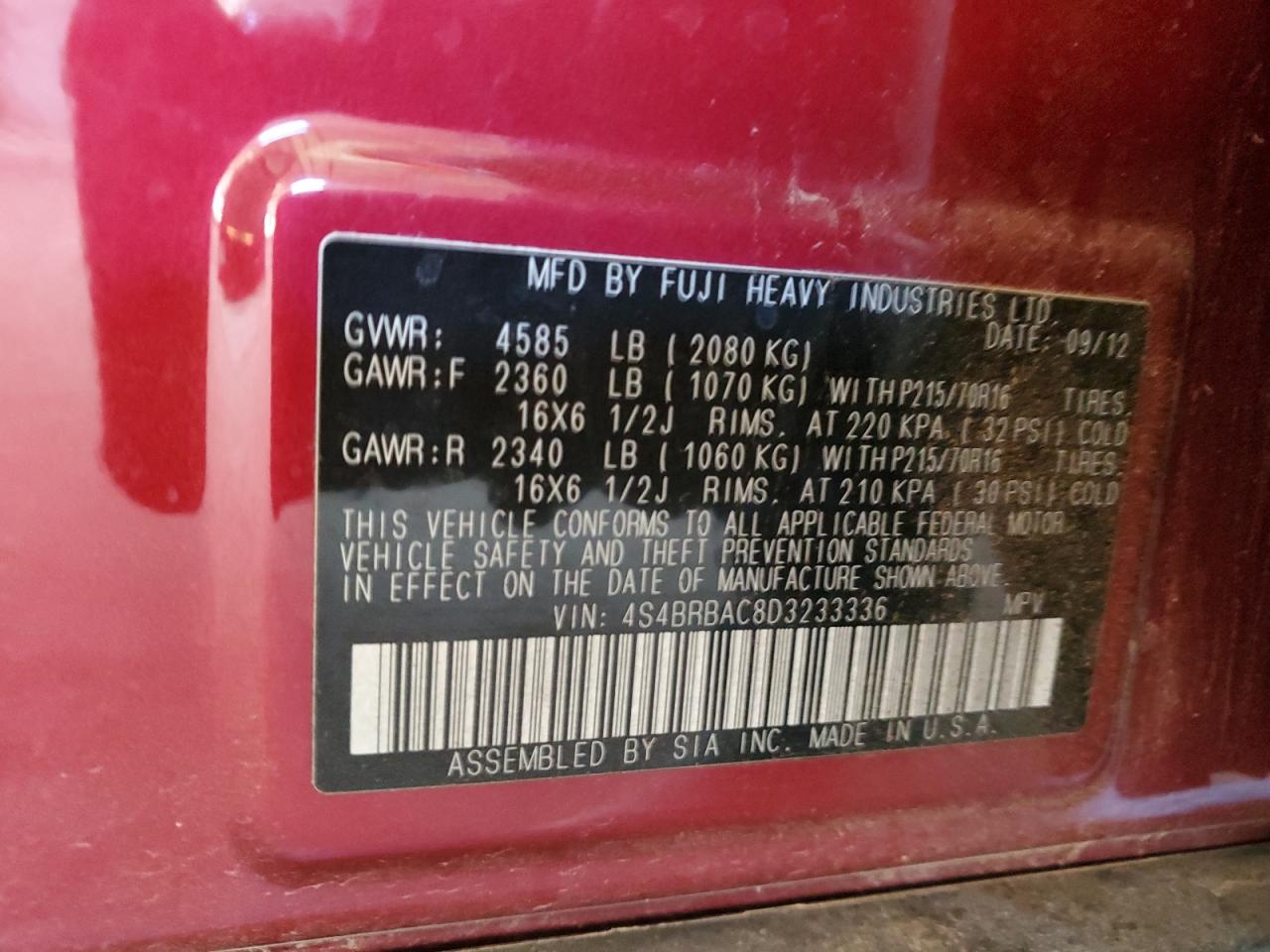 Lot #3310663739 2013 SUBARU OUTBACK 2.