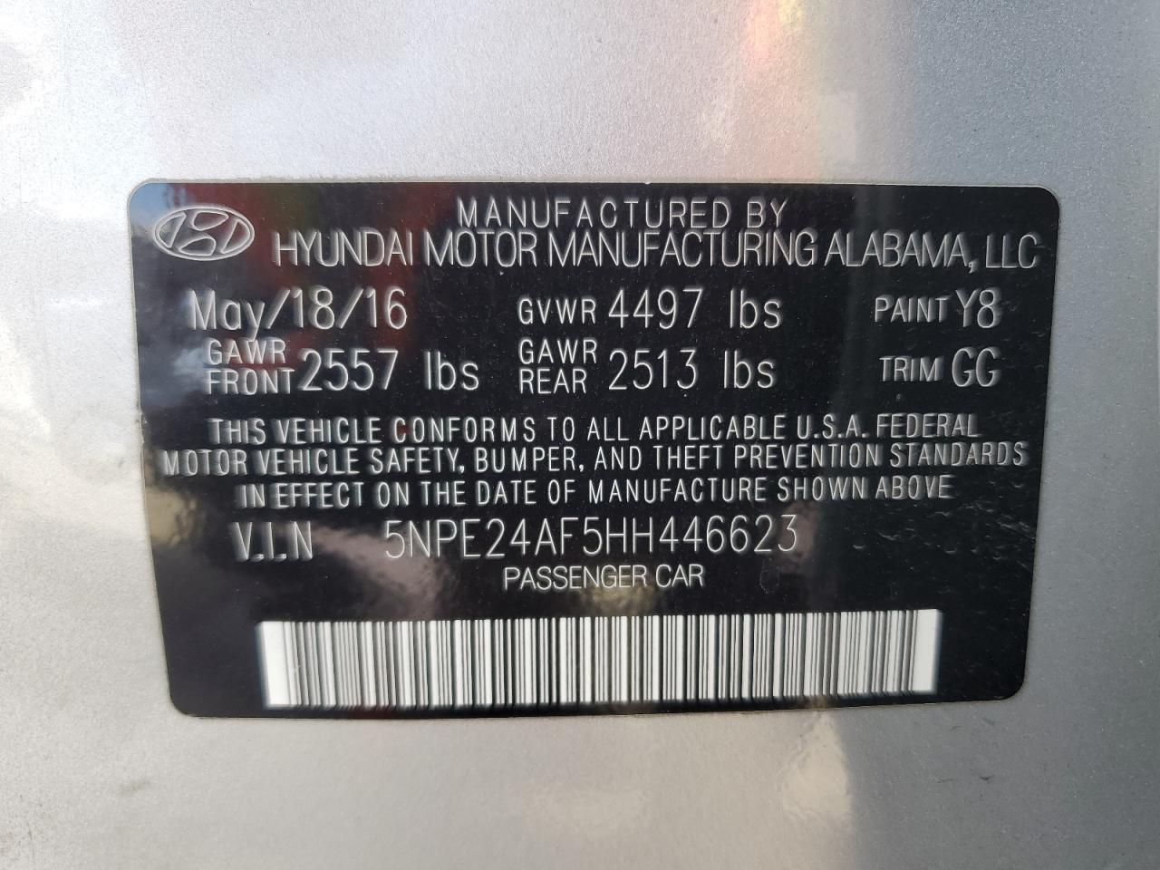 Lot #3302700015 2017 HYUNDAI SONATA SE