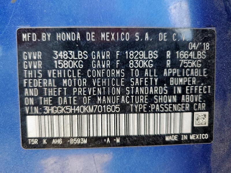 2019 HONDA FIT LX 3HGGK5H40KM701605