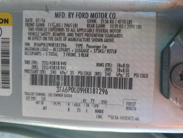 2017 FORD FUSION SE - 3FA6P0LU9HR181296