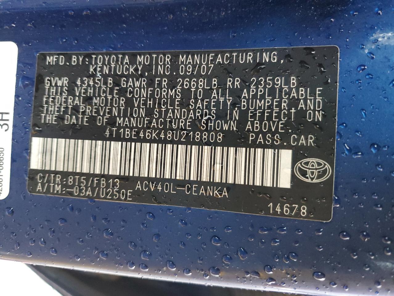 Lot #3301832330 2008 TOYOTA CAMRY CE