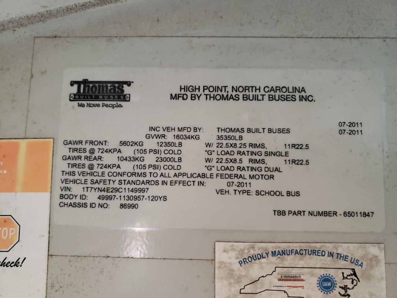 Lot #3279582332 2012 THOMAS SAF-T-LINER HDX