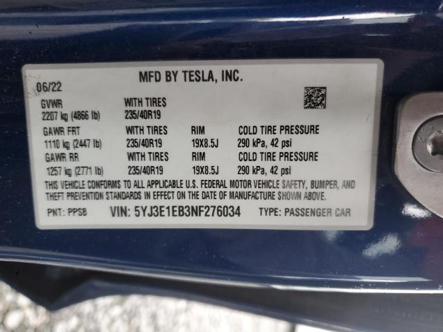 2022 TESLA MODEL 3 5YJ3E1EB3NF276034
