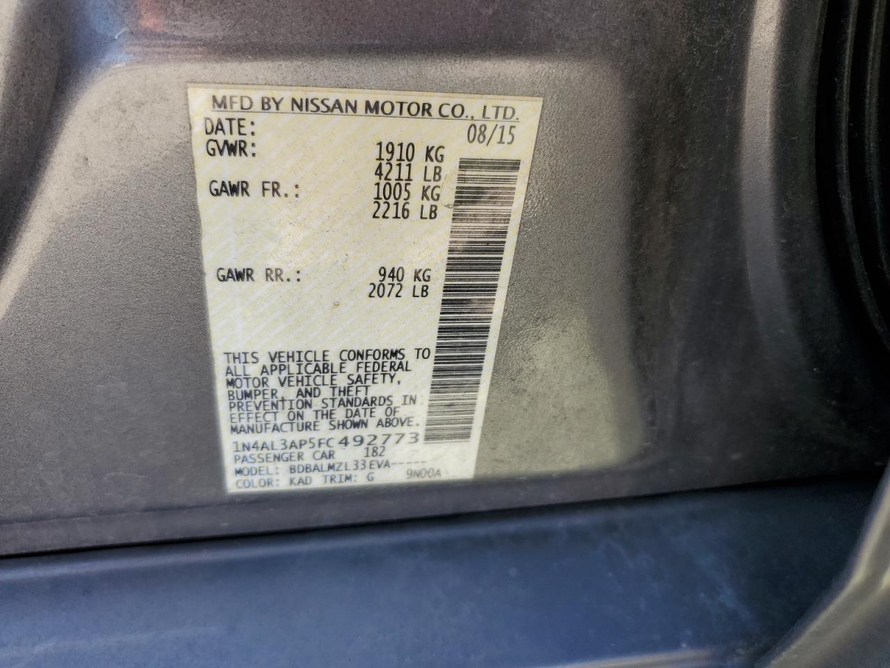 Lot #3301909492 2015 NISSAN ALTIMA 2.5