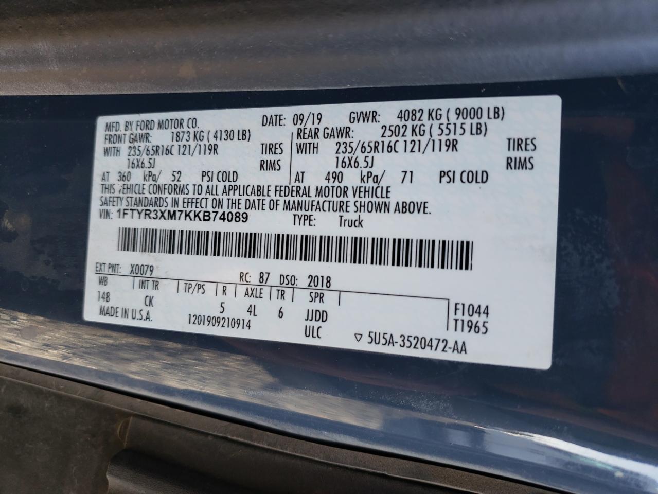 Lot #3315918132 2019 FORD TRANSIT T-