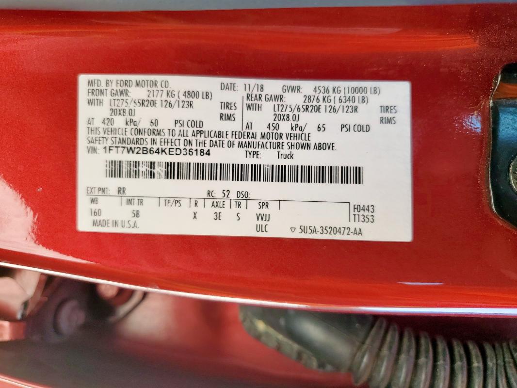 2019 FORD SUPER DUTY F-250 W/S 1FT7W2B64KED36184