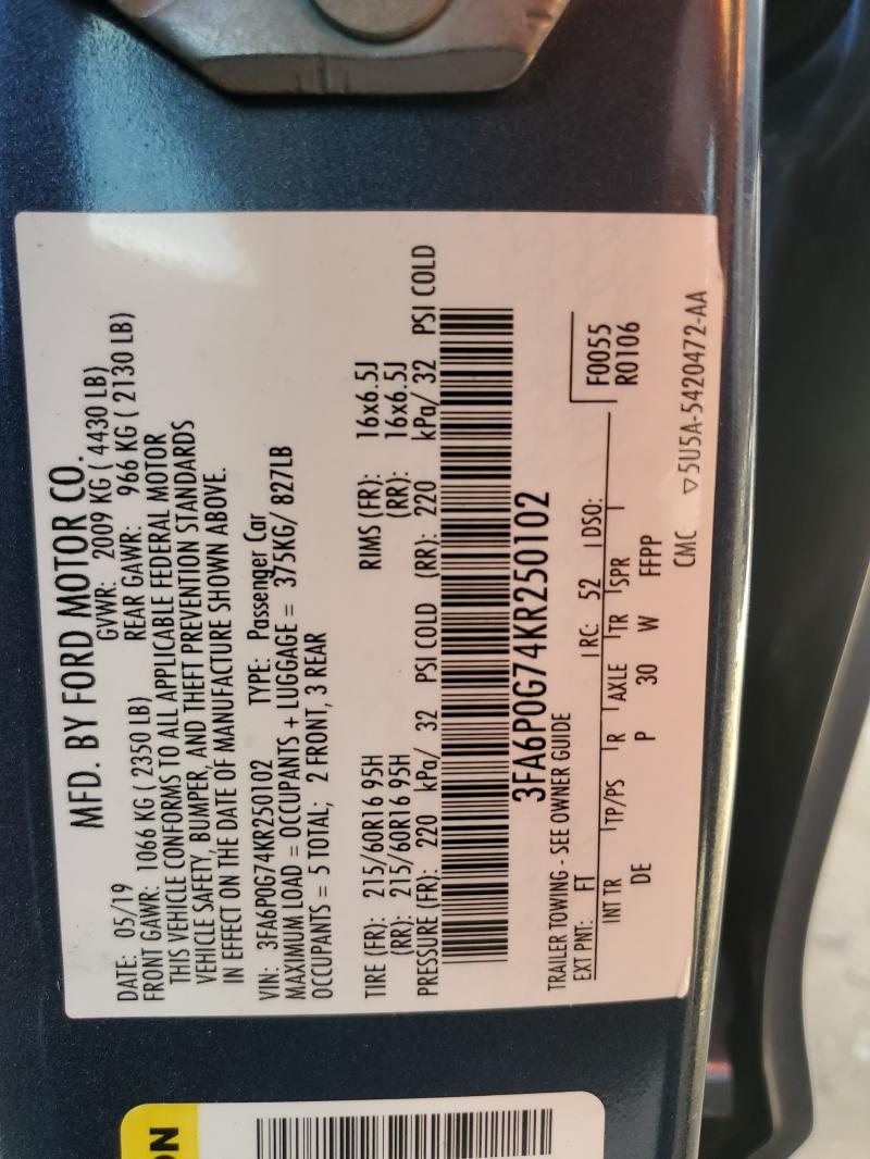 2019 FORD FUSION S - 3FA6P0G74KR250102