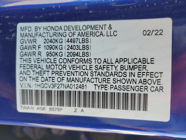 2022 HONDA ACCORD HYB - 1HGCV3F27NA012481
