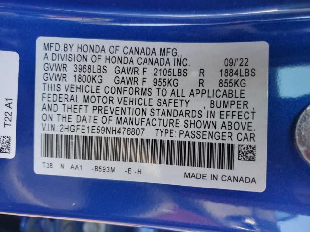 2022 HONDA CIVIC SI 2HGFE1E59NH476807