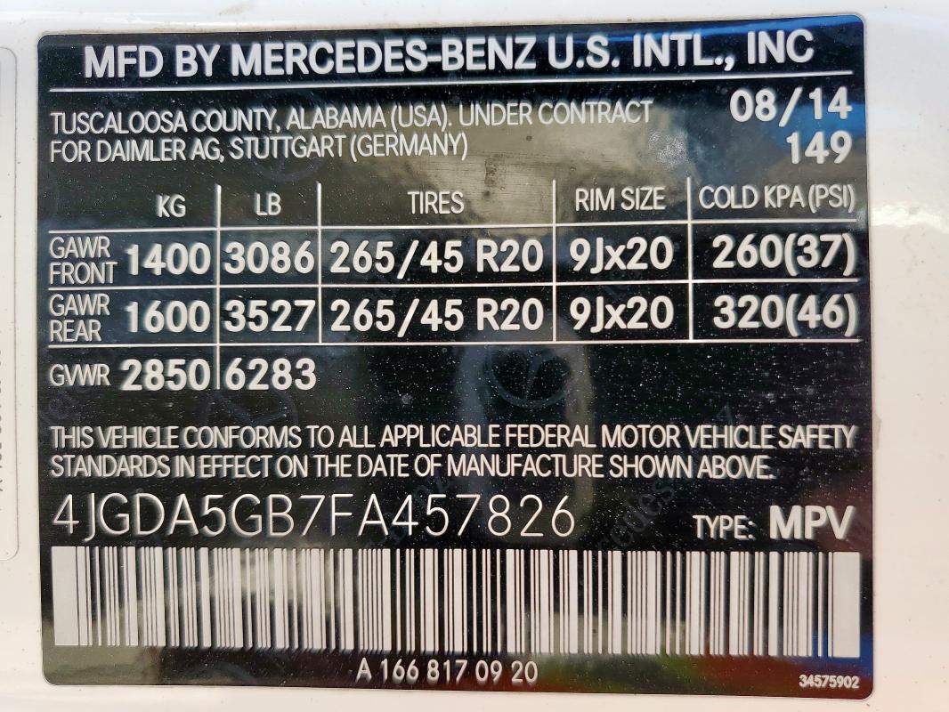 2015 MERCEDES-BENZ ML 400 4MA 4JGDA5GB7FA457826
