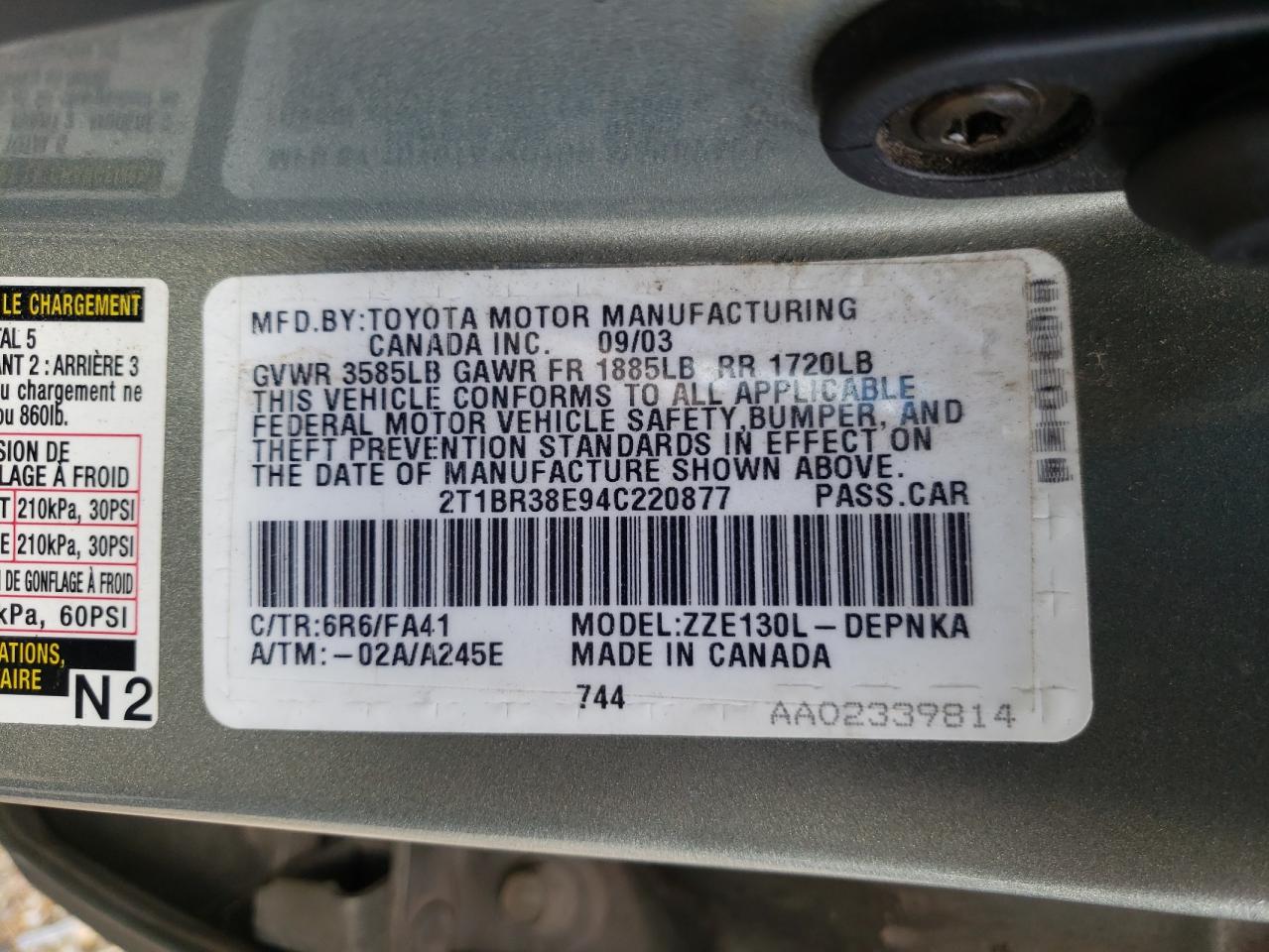 Lot #3301791345 2004 TOYOTA COROLLA CE